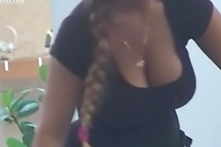 Beautiful busty waitress with amazing cleavage, downblouse candid clip poster