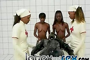 Four hot nurses in latex give head to a guy 5 min