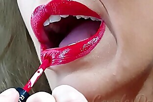 100% Natural Big Lipped skinny wife applying long lasting red lipstick, sucking and deepthroating my cock untill she receives a creamy reward - couplesdelight poster