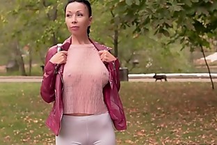 Thin white tight leggings and sheer blouse… Did you check out my cameltoe ;)? poster