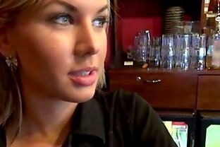 Blonde blue eyes teen blowjob and fuck in public bar poster