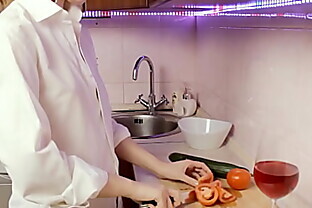 Beauty jerks off with a GIANT CUCUMBER. Fucks himself with a vegetable and cums loudly.