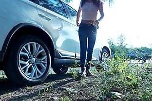 Piss Stop - Urgent Outdoor Roadside Pee and Cock Sucking by Asian Girl Tina in Blue Jeans poster