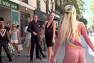 Naked body painted blonde in public